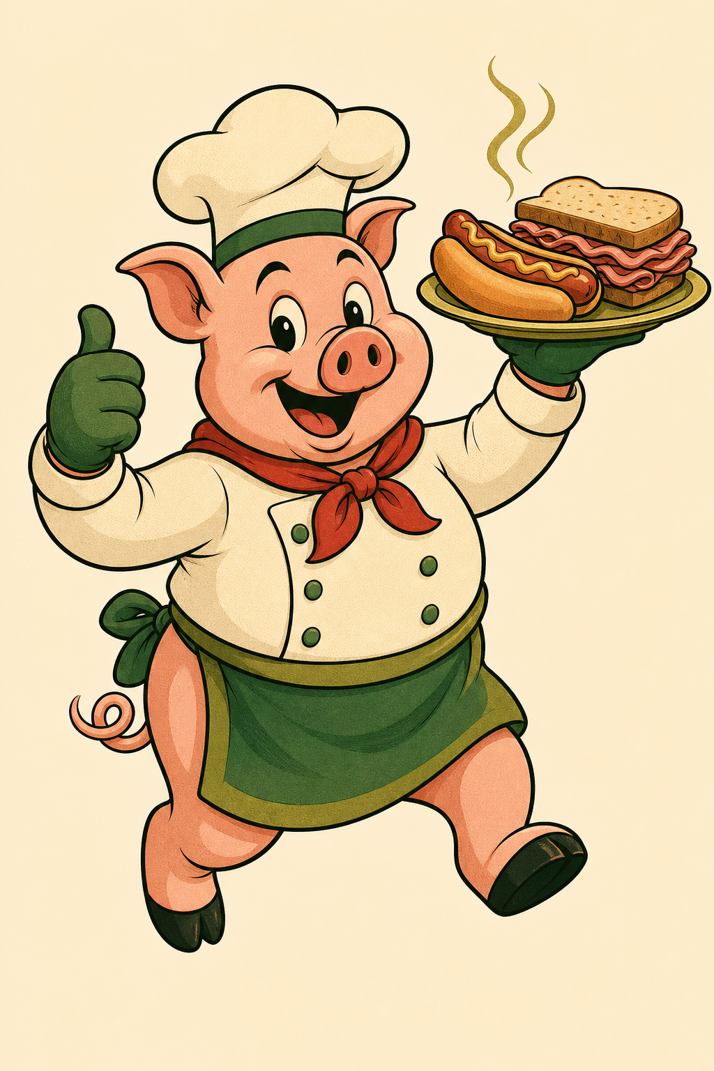 Mascota original JARVA: un alegre cerdito chef sirviendo alimentos